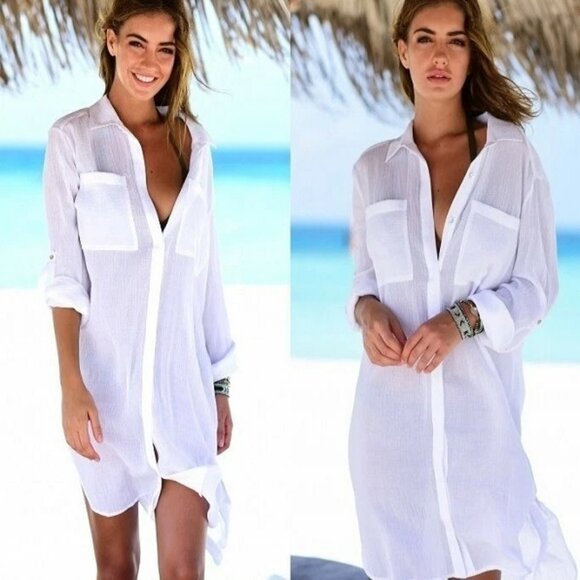 Summer Beach Bikini Cover Blouse Shirt Dress Swimwear Bathing Suit - Picture 9 of 12